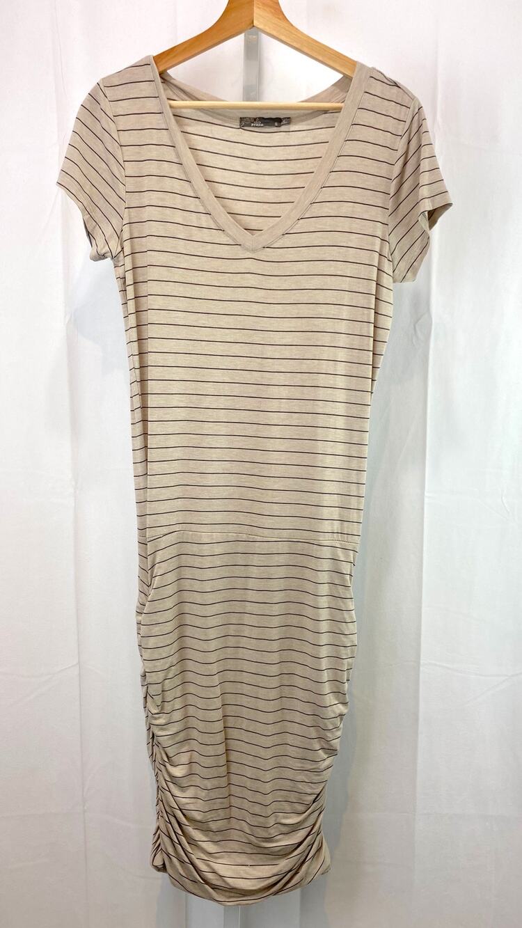 PRANA S Striped Foundation Dress Short Sleeve V Neck Ruched Skirt Beige Gray